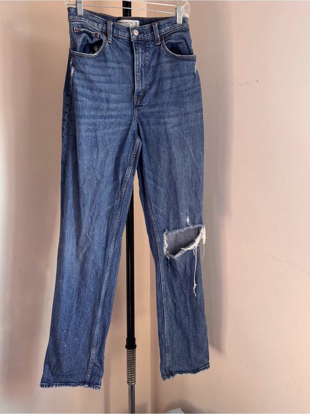 Abercrombie & Fitch High-Rise Dark Blue Distressed Straight Jeans